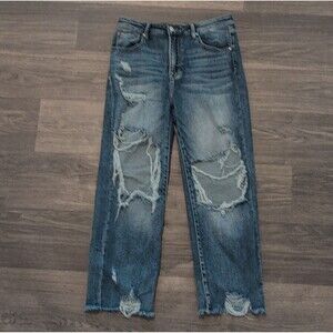 Risen Jeans Blue Distressed Women's Straight Leg Jeans - Stretch, Frayed Hem